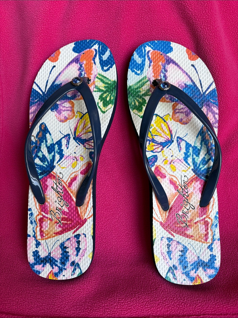 Brighton Multicolor Butterfly Flip Flops with Navy Straps size 8